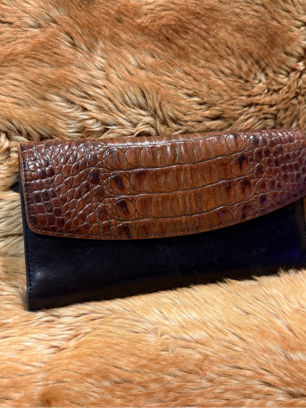 Vintage Brahmin Tuscan Black & Pecan Croc Leather Checkbook Wallet